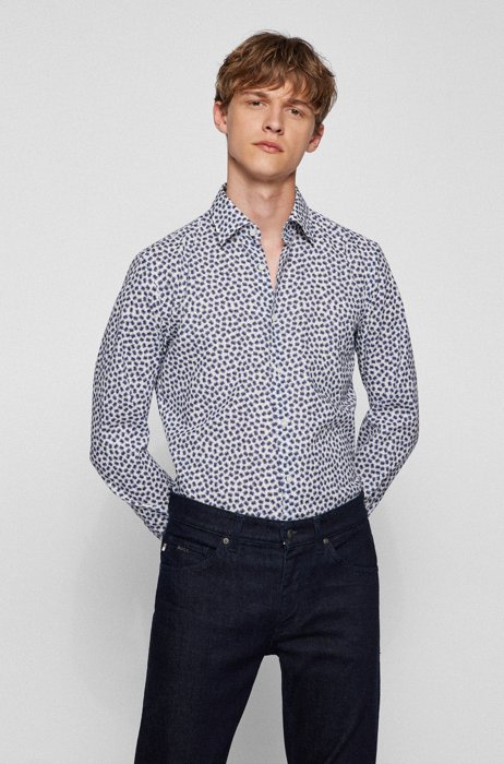 Casual-fit shirt in printed Italian linen-cotton poplin, Blue