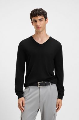 Maglione in lana vergine con scollo a V, Nero