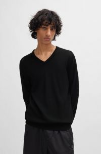 Maglione in lana vergine con scollo a V, Nero