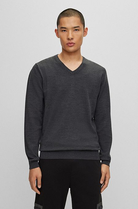 Regular-fit V-neck sweater in virgin wool, Dark Grey