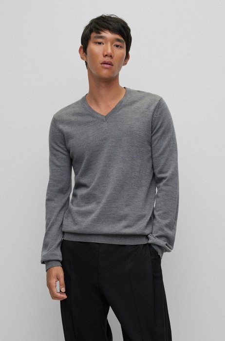 Slim-fit V-neck sweater in virgin wool, Light Grey