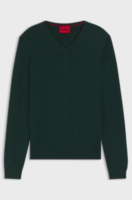 Jersey de lana virgen con cuello en pico, Verde oscuro