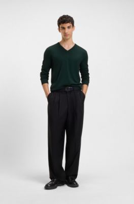 V-neck sweater in virgin wool, Dark Green