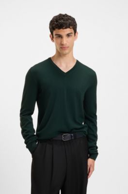 V-neck sweater in virgin wool, Dark Green