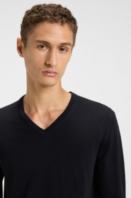 Maglione in lana vergine con scollo a V, Blu scuro