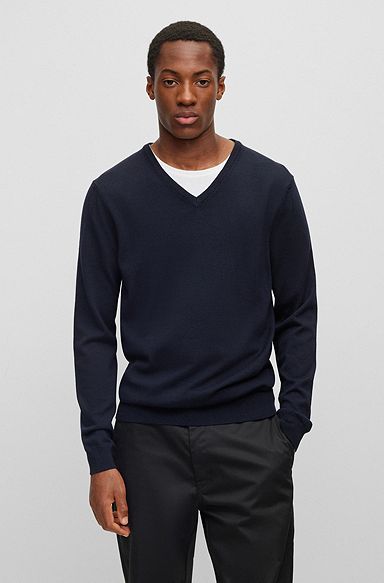V-neck regular-fit sweater in virgin wool, Dark Blue
