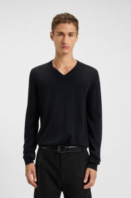 Maglione in lana vergine con scollo a V, Blu scuro