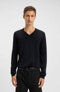 V-neck sweater in virgin wool, Dark Blue