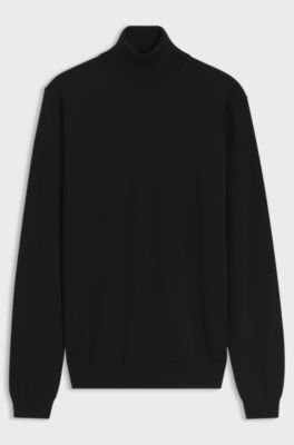 Merino-wool rollneck sweater with embroidered logo, Black