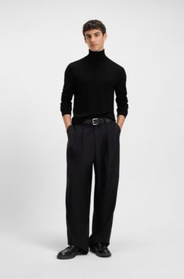 Merino-wool rollneck sweater with embroidered logo, Black