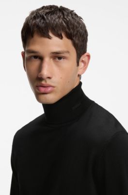 Merino-wool rollneck sweater with embroidered logo, Black