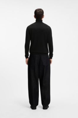 Merino-wool rollneck sweater with embroidered logo, Black