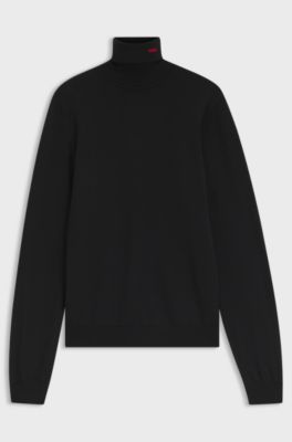 Merino-wool rollneck sweater with embroidered logo, Black
