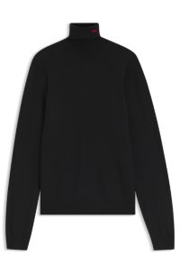 Merino-wool rollneck sweater with embroidered logo, Black