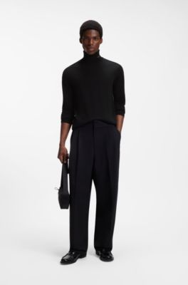 Merino-wool rollneck sweater with embroidered logo, Black