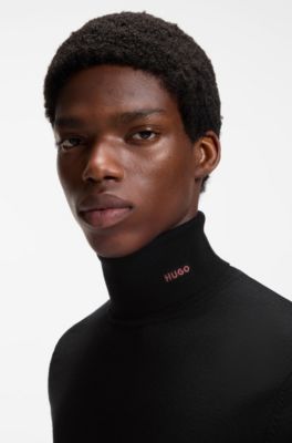 Merino-wool rollneck sweater with embroidered logo, Black