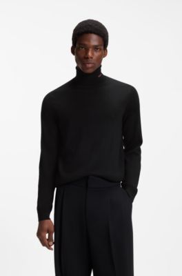 Merino-wool rollneck sweater with embroidered logo, Black