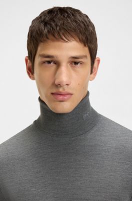 Merino-wool rollneck sweater with embroidered logo, Grey