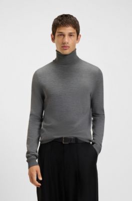 Merino-wool rollneck sweater with embroidered logo, Grey