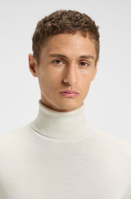 Merino-wool rollneck sweater with embroidered logo, White