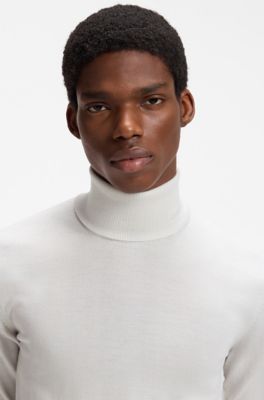 Merino-wool turtleneck sweater with embroidered logo, Natural