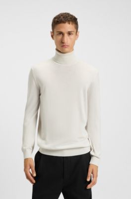 Merino-wool rollneck sweater with embroidered logo, Natural