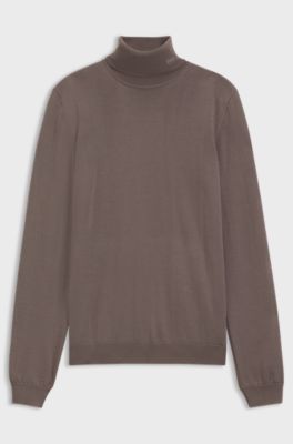 Merino-wool rollneck sweater with embroidered logo, Brown