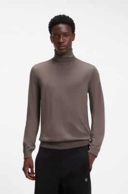 Merino-wool rollneck sweater with embroidered logo, Brown