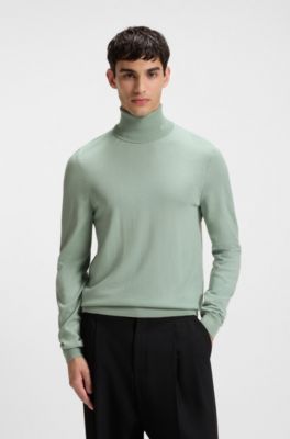 Merino-wool rollneck sweater with embroidered logo, Light Green