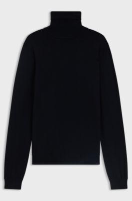 Merino-wool rollneck sweater with embroidered logo, Dark Blue