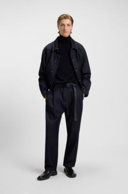 Merino-wool rollneck sweater with embroidered logo, Dark Blue