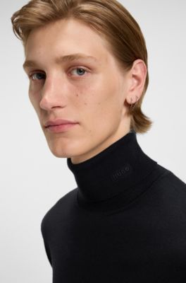 Merino-wool rollneck sweater with embroidered logo, Dark Blue