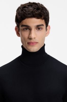Merino-wool rollneck sweater with embroidered logo, Dark Blue