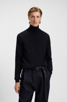 Merino-wool rollneck sweater with embroidered logo, Dark Blue