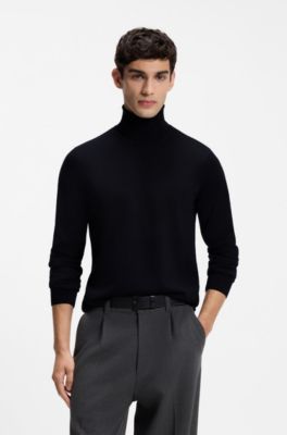 Merino-wool rollneck sweater with embroidered logo, Dark Blue