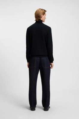Merino-wool rollneck sweater with embroidered logo, Dark Blue