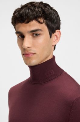 Merino-wool rollneck sweater with embroidered logo, Dark Red
