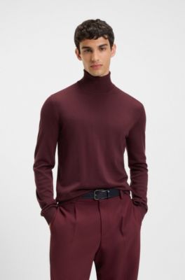 Merino-wool rollneck sweater with embroidered logo, Dark Red