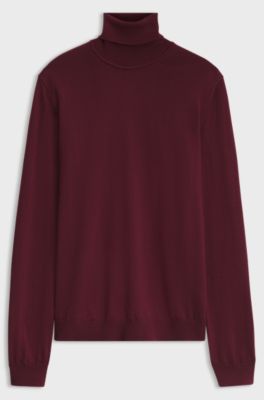 Merino-wool rollneck sweater with embroidered logo, Dark Red
