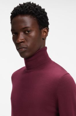 Merino-wool rollneck sweater with embroidered logo, Dark Red