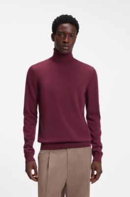 Merino-wool rollneck sweater with embroidered logo, Dark Red