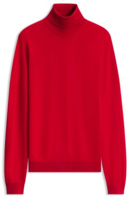 Merino-wool rollneck sweater with embroidered logo, Red