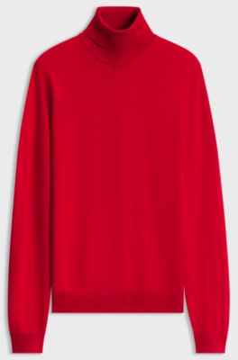 Merino-wool rollneck sweater with embroidered logo, Red