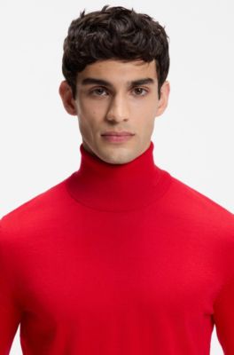 Merino-wool rollneck sweater with embroidered logo, Red