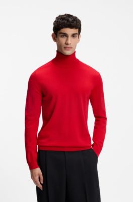 Merino-wool rollneck sweater with embroidered logo, Red