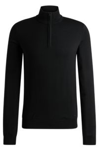 Zip-neck sweater in virgin wool with logo embroidery, Black