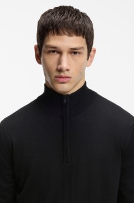 Merino-wool sweater with zip neck, Black
