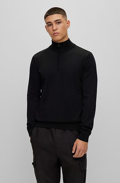 Zip-neck regular-fit sweater in virgin wool, Black