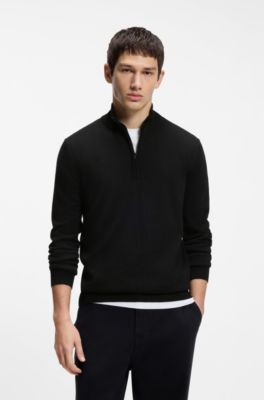 Merino-wool sweater with zip neck, Black