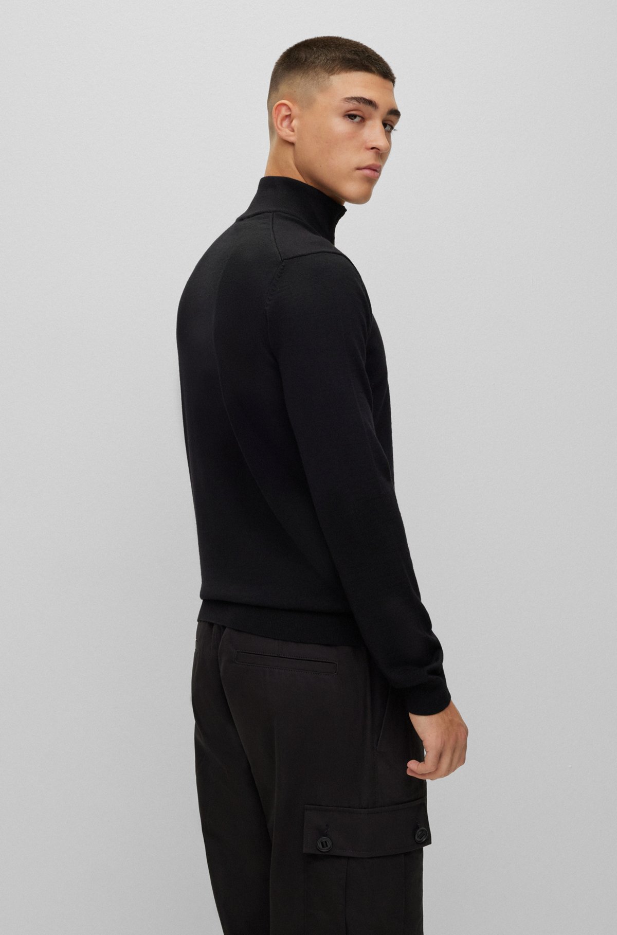 Zip-neck sweater in virgin wool with logo embroidery, Black